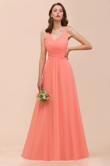 BMbridal Glamorous V-Neck Coral Chiffon Bridesmaid Dress Affordable with Ruffle_6
