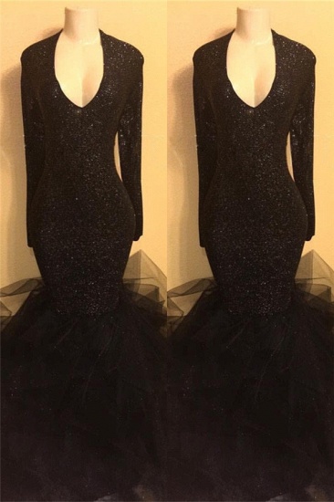 Bmbridal Black Sequins Long Sleeves Prom Dress V-Neck With Ruffle_2