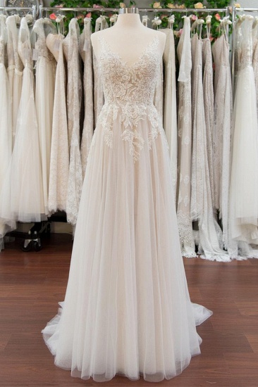 BMbridal Elegant Appliques A-line V-neck Wedding Dress Straps Sleeveless Tulle Bridal Gowns On Sale_4