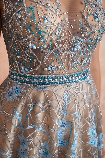 BMbridal Designer Cap Sleeves Crystal Long Prom Dress With Blue Appliques On Sale_7