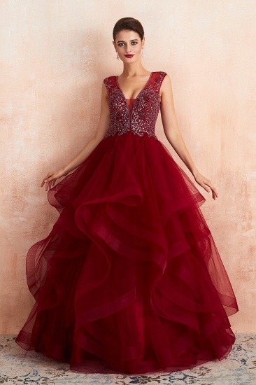 BMbridal Luxurious Bugrundy Tulle Prom Dress Long Ruffles With Appliques Evening Gowns_4