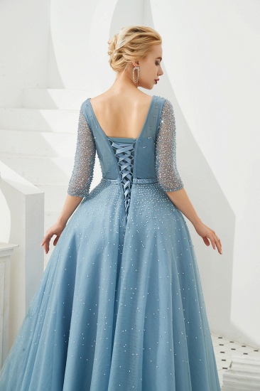BMbridal Dusty Blue V-Neck Half-Sleeve Prom Dress Long With Beadings Lace-up_9