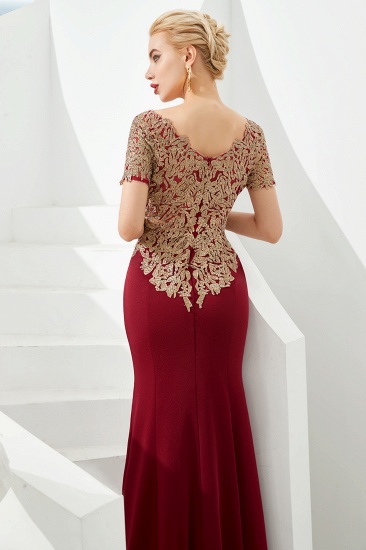 BMbridal Burgundy Short Sleeves Mermaid Prom Dress Long With Gold Appliques_9