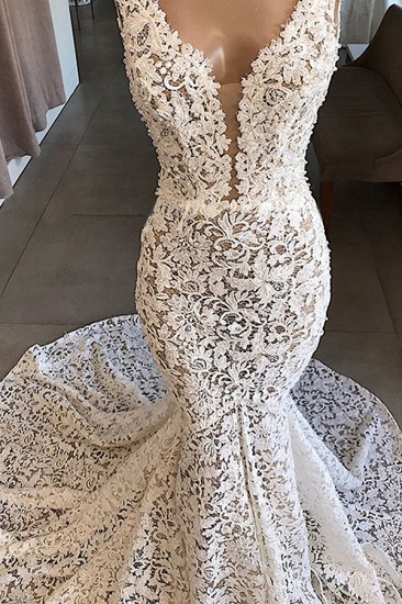BMbridal Unique White Mermaid Lace Wedding Dresses Straps Sleeveless Bridal Gowns With Appliques Online_5