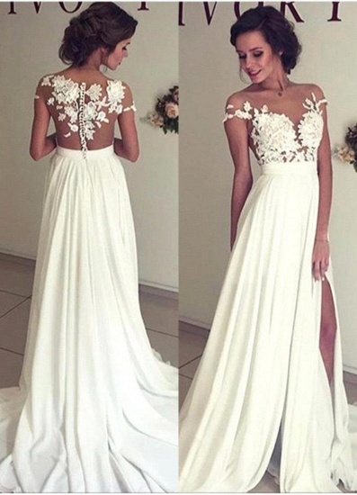 BMbridal Elegant White Sheer Lace Chiffon Beach Wedding Dress_2