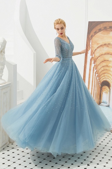 BMbridal Dusty Blue V-Neck Half-Sleeve Prom Dress Long With Beadings Lace-up_5