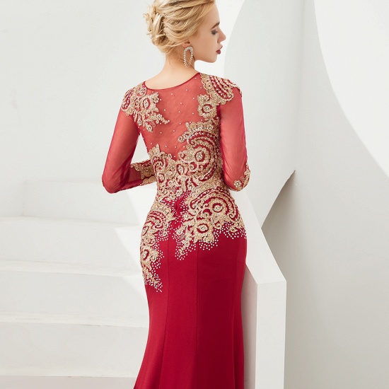 BMbridal Burgundy Long Sleeve Mermaid Prom Dress With Gold Appliques Online_15