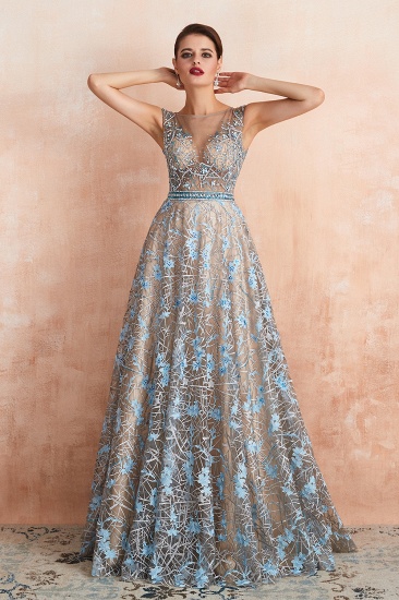 BMbridal Designer Cap Sleeves Crystal Long Prom Dress With Blue Appliques On Sale_9
