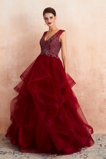 BMbridal Luxurious Bugrundy Tulle Prom Dress Long Ruffles With Appliques Evening Gowns_5