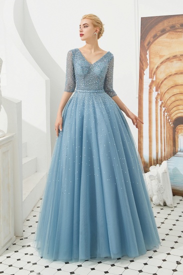 BMbridal Dusty Blue V-Neck Half-Sleeve Prom Dress Long With Beadings Lace-up_1