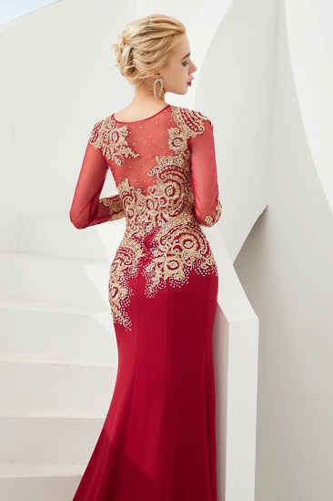 BMbridal Burgundy Long Sleeve Mermaid Prom Dress With Gold Appliques Online_13
