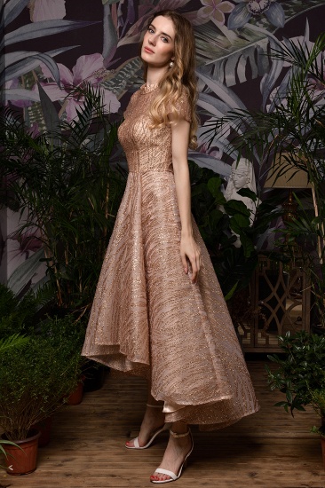 BMbridal Glamorous Rose Gold Pailletten Ballkleid Kurzarm Abendkleider Online_7