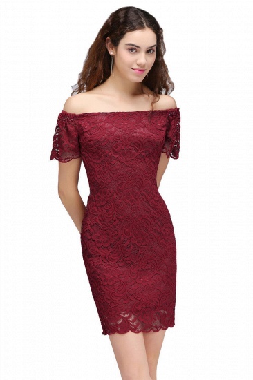BMbridal Burgundy Lace Sheath Homecoming Dress Short Sleeves Cocktail Dress_1