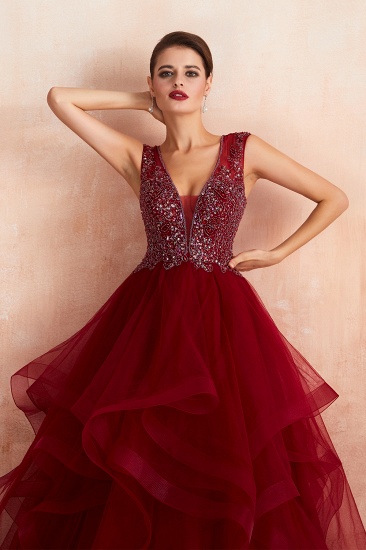 BMbridal Luxurious Bugrundy Tulle Prom Dress Long Ruffles With Appliques Evening Gowns_8