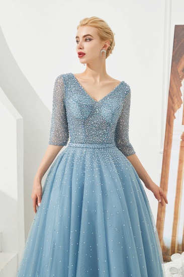 BMbridal Dusty Blue V-Neck Half-Sleeve Prom Dress Long With Beadings Lace-up_6