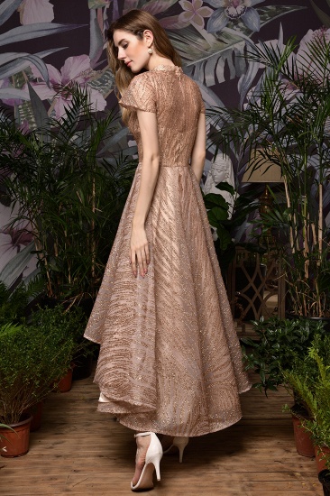 BMbridal Glamorous Rose Gold Pailletten Ballkleid Kurzarm Abendkleider Online_3