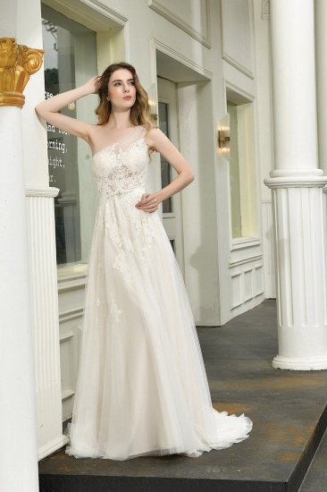 BMbridal Sexy A-Line One Shoulder Tulle Lace Ivory Wedding Dress Online_4