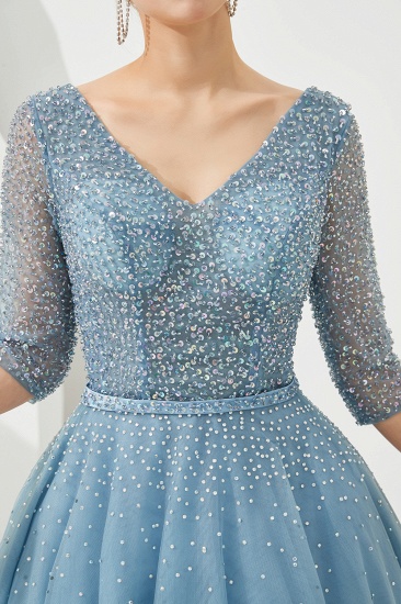 BMbridal Dusty Blue V-Neck Half-Sleeve Prom Dress Long With Beadings Lace-up_8