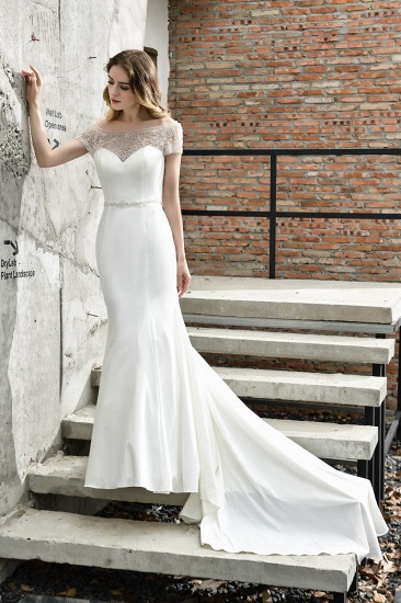BMbridal Mermaid Satin Lace Off the Shoulder Affordable Ivory Wedding Dress_2