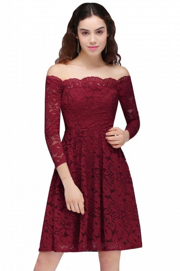 BMbridal A-Line Off-the-Shoulder Short Lace Burgundy Homecoming Dress_1