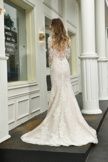 BMbridal Exquisite Sheath V-Neck Long Sleeves Wedding Dress With Slit_3