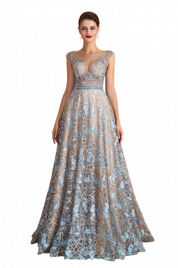 BMbridal Designer Cap Sleeves Crystal Long Prom Dress With Blue Appliques On Sale_1