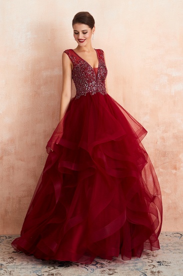 BMbridal Luxurious Bugrundy Tulle Prom Dress Long Ruffles With Appliques Evening Gowns_6