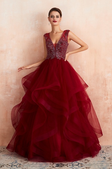 BMbridal Luxurious Bugrundy Tulle Prom Dress Long Ruffles With Appliques Evening Gowns_1