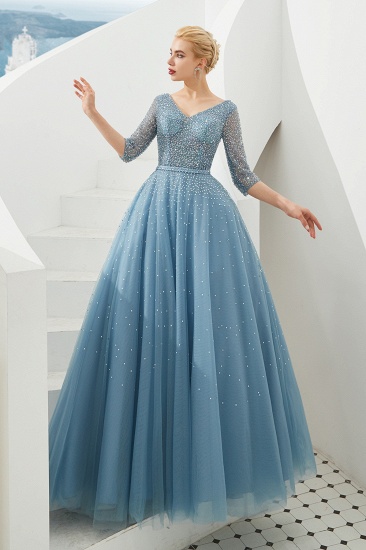 BMbridal Dusty Blue V-Neck Half-Sleeve Prom Dress Long With Beadings Lace-up_4