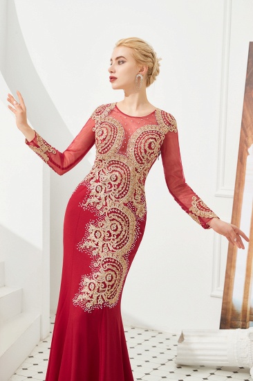 BMbridal Burgundy Long Sleeve Mermaid Prom Dress With Gold Appliques Online_11
