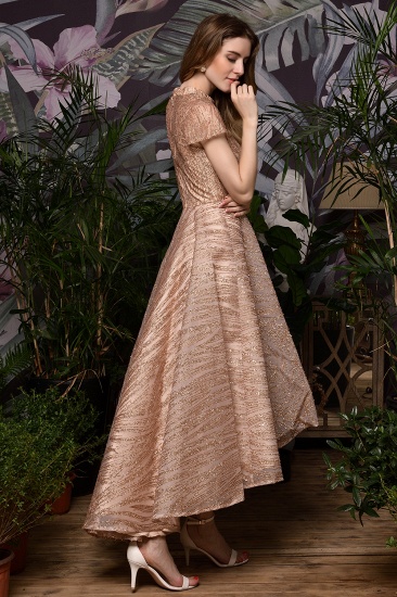 BMbridal Glamorous Rose Gold Pailletten Ballkleid Kurzarm Abendkleider Online_8