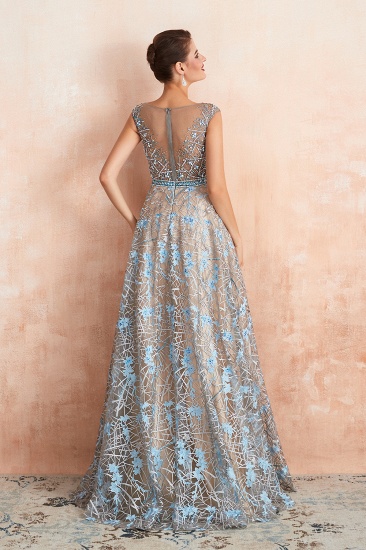 BMbridal Designer Cap Sleeves Crystal Long Prom Dress With Blue Appliques On Sale_3