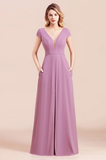 BMbridal Chic V-Neck Chiffon Wisteria Bridesmaid Dresses with Short Sleeves_7