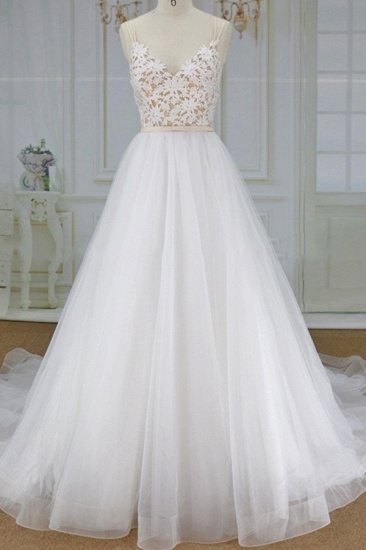 BMbridal Chic Spaghetti Straps V-neck A-line Wedding Dresses White Tulle Bridal Gowns On Sale_2