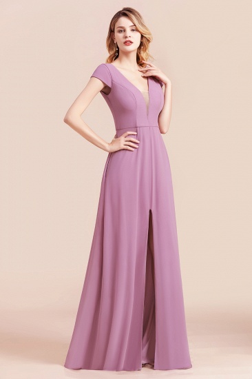 BMbridal Chic V-Neck Chiffon Wisteria Bridesmaid Dresses with Short Sleeves_6