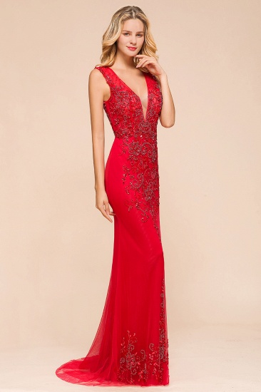 BMbridal Detachable Red V-Neck Long Prom Dress Sleeveless Beadings Tulle Evening Gowns_5
