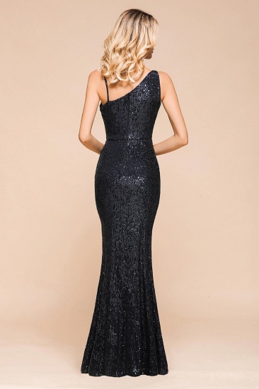 BMbridal Navy One Shoulder Sequins Prom Dress Long Mermaid Evening Gowns With Split_3