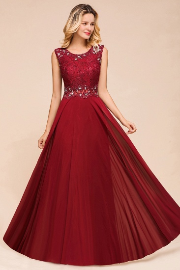 BMbridal Burgundy Lace Long Prom Dresses Sleeveless Chiffon Evening Gowns With Crystal_6