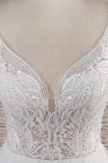 BMbridal Glamorous V-neck Spaghetti Straps White Wedding Dresses A-line Sleeveless Tulle Lace Bridal Gowns Online_8