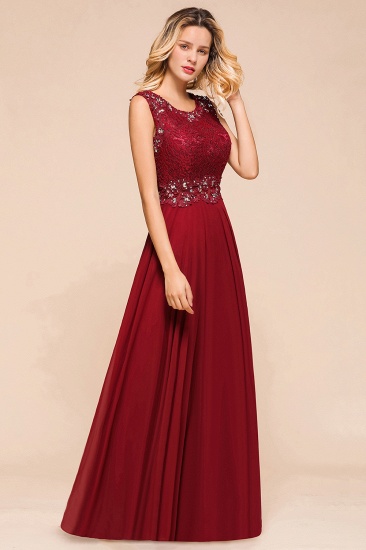 BMbridal Burgundy Lace Long Prom Dresses Sleeveless Chiffon Evening Gowns With Crystal_7
