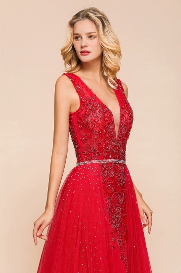 BMbridal Detachable Red V-Neck Long Prom Dress Sleeveless Beadings Tulle Evening Gowns_9