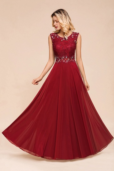 BMbridal Burgundy Lace Long Prom Dresses Sleeveless Chiffon Evening Gowns With Crystal_5