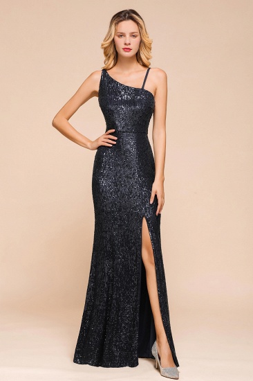 BMbridal Navy One Shoulder Sequins Prom Dress Long Mermaid Evening Gowns With Split_1