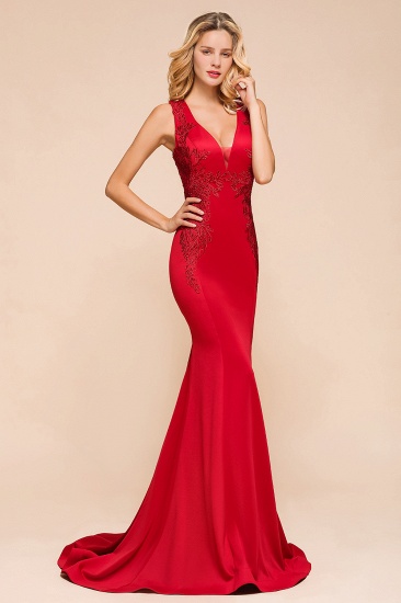 BMbridal Gorgeous Red Mermaid V-Neck Prom Dress Long With Lace Appliques Online_4