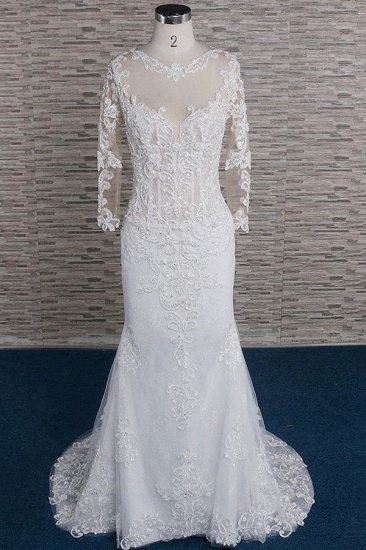 BMbridal Modest Longsleeves Jewel Lace Wedding Dresses With Appliques White Tulle Bridal Gowns On Sale_2