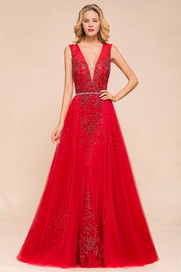 BMbridal Detachable Red V-Neck Long Prom Dress Sleeveless Beadings Tulle Evening Gowns_2