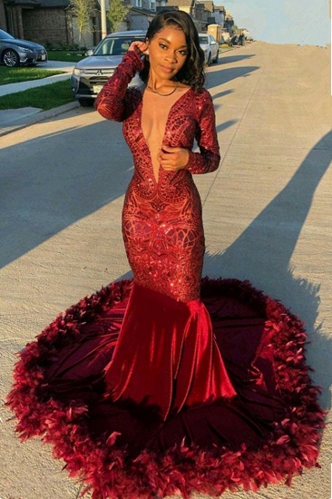 BMbridal Long Sleeves Burgundy Prom Dress Sequins Mermaid Online