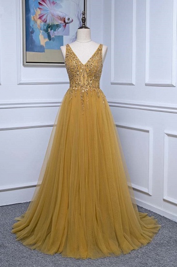 BMbridal Glamorous Tulle Straps V-Neck Ruffle Prom Dresses with Beadings Online_2