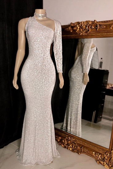 Bmbridal One Shoulder Sequins Long Sleeves Prom Dress Mermaid Long Evening Gown_1