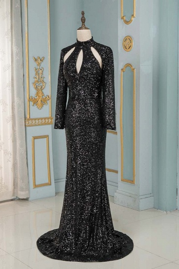 BMbridal Sparkly Sequined High-Neck Black Prom Dresses with Long Sleeves_4